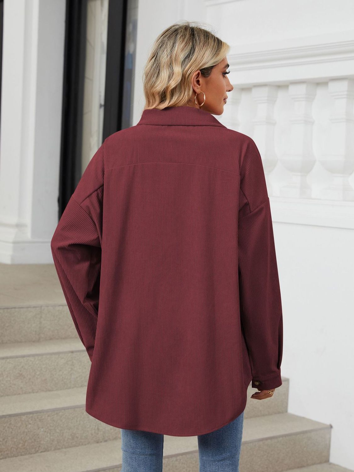 Collared Neck Long Sleeve Dropped Shoulder Shirt - The Goddess Galleries