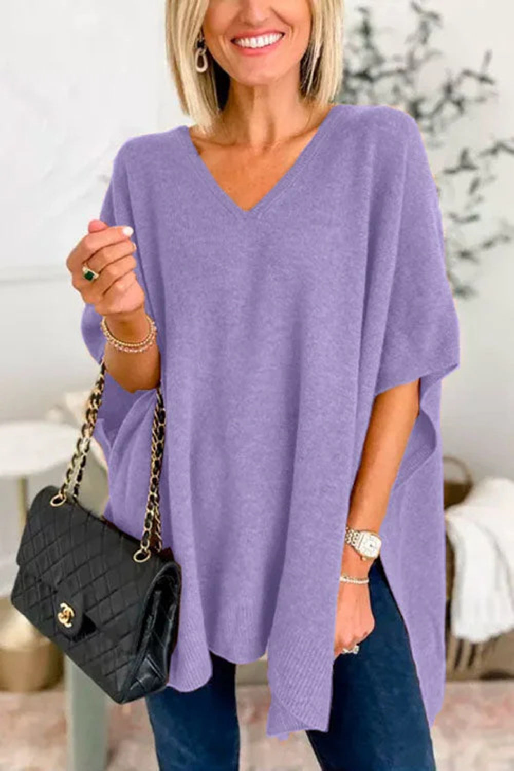 Slit V-Neck Half Sleeve Knit Top - The Goddess Galleries