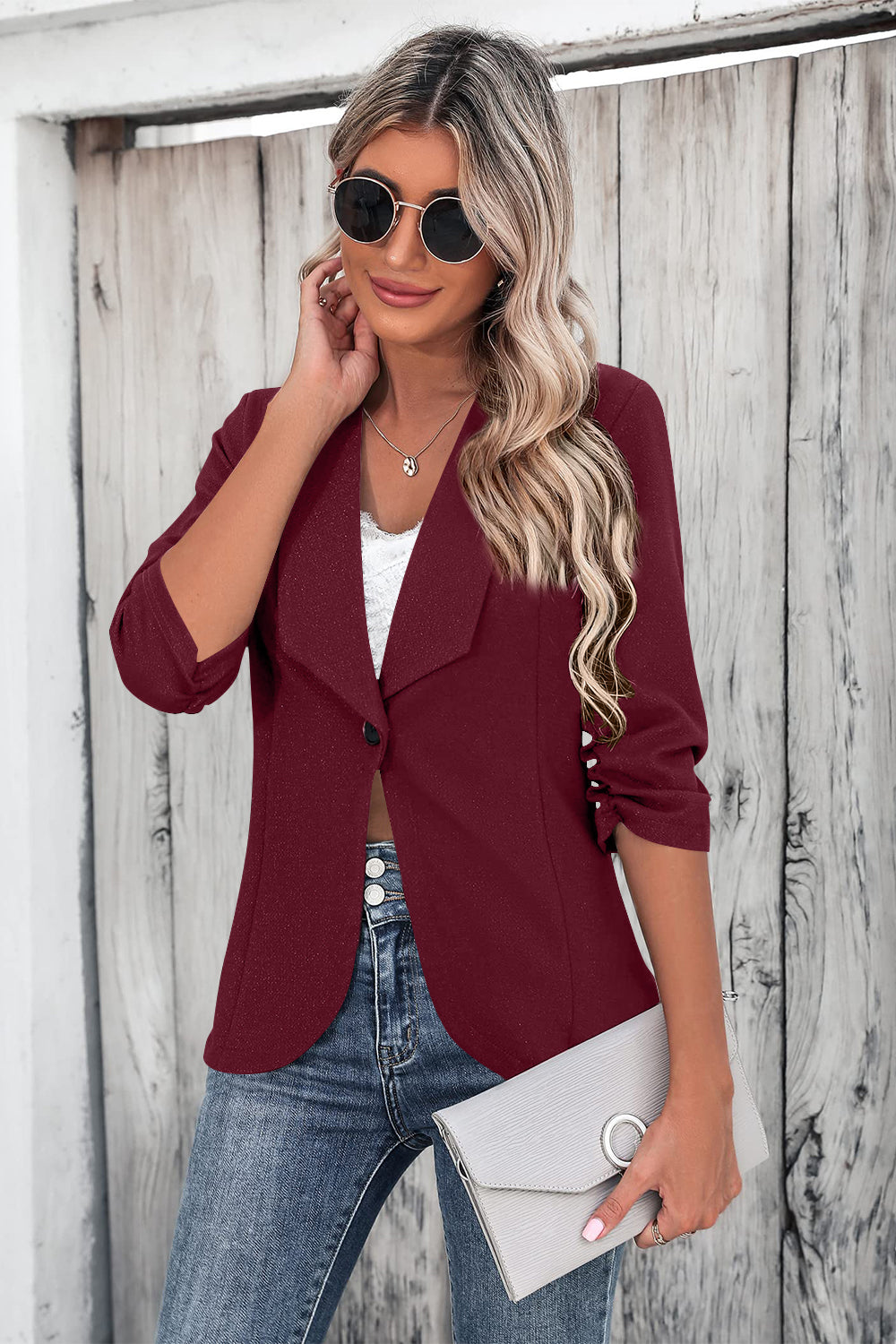 One Button Collared Neck Ruched Sleeve Blazer - The Goddess Galleries