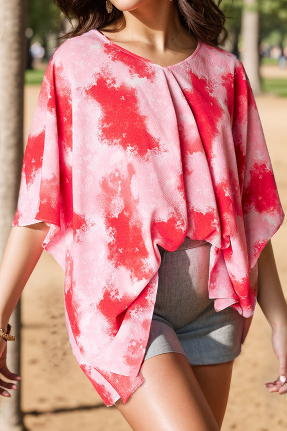Plus Size Tie-Dye V-Neck Half Sleeve Blouse - The Goddess Galleries
