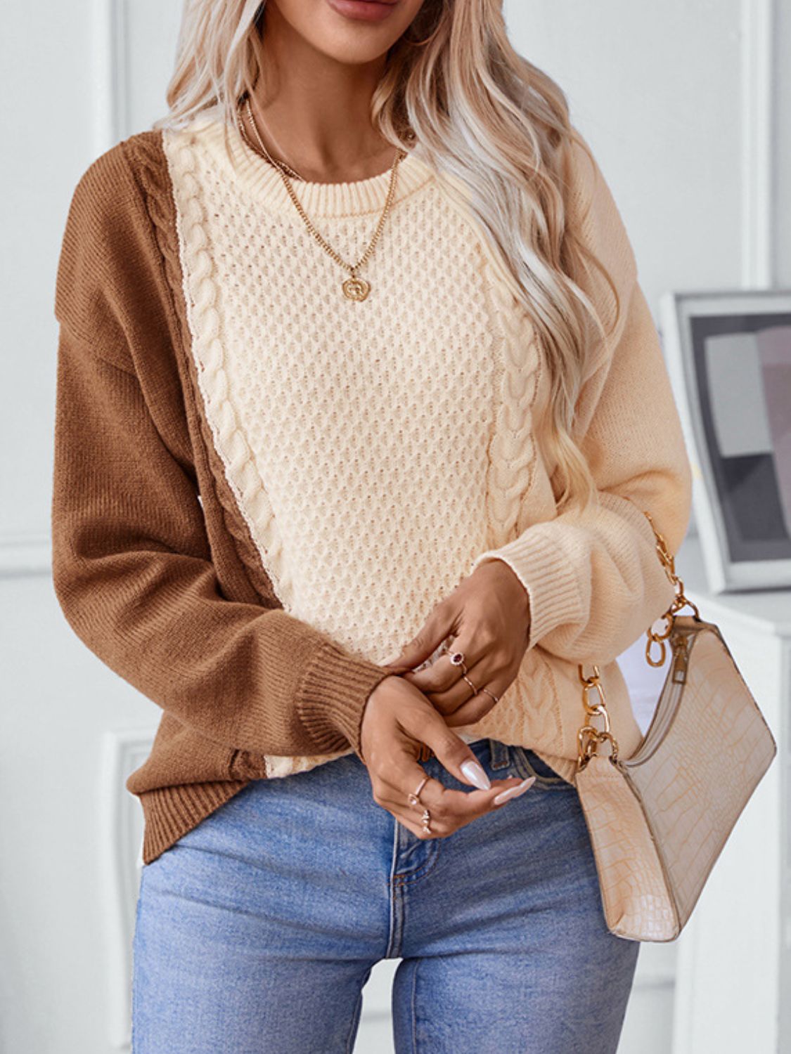 Two Tone Cable Knit Round Neck Long Sleeve Sweater - The Goddess Galleries