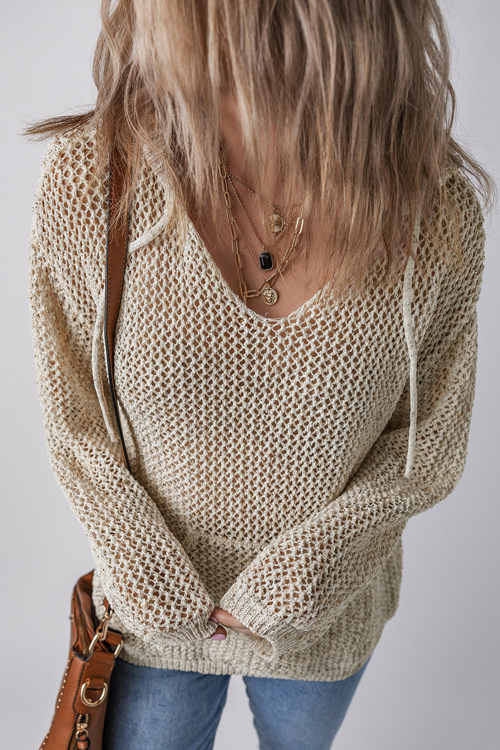Openwork Dropped Shoulder Hooded Knit Top - The Goddess Galleries