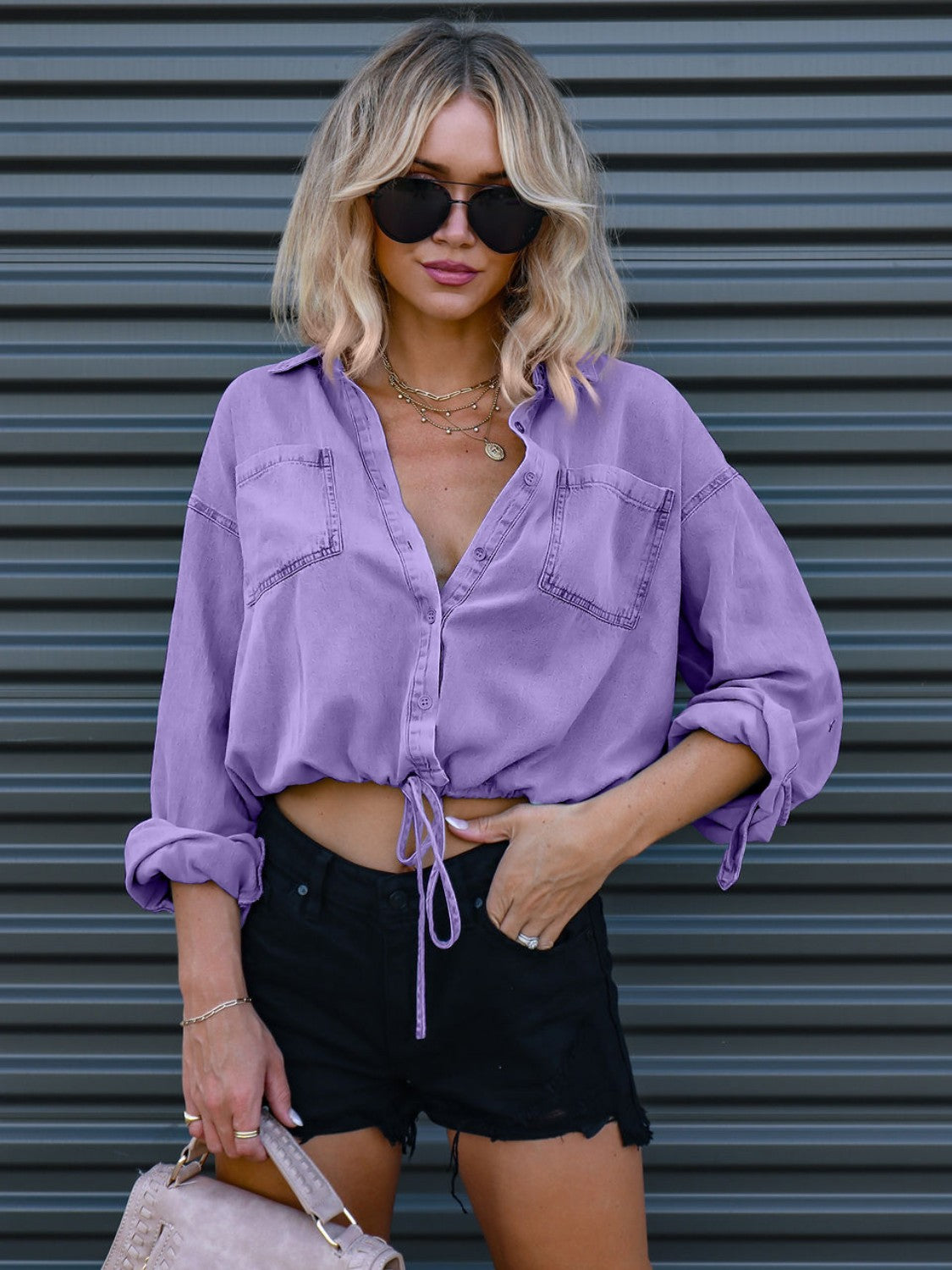 Drawstring Pocketed Button Up Denim Top - The Goddess Galleries