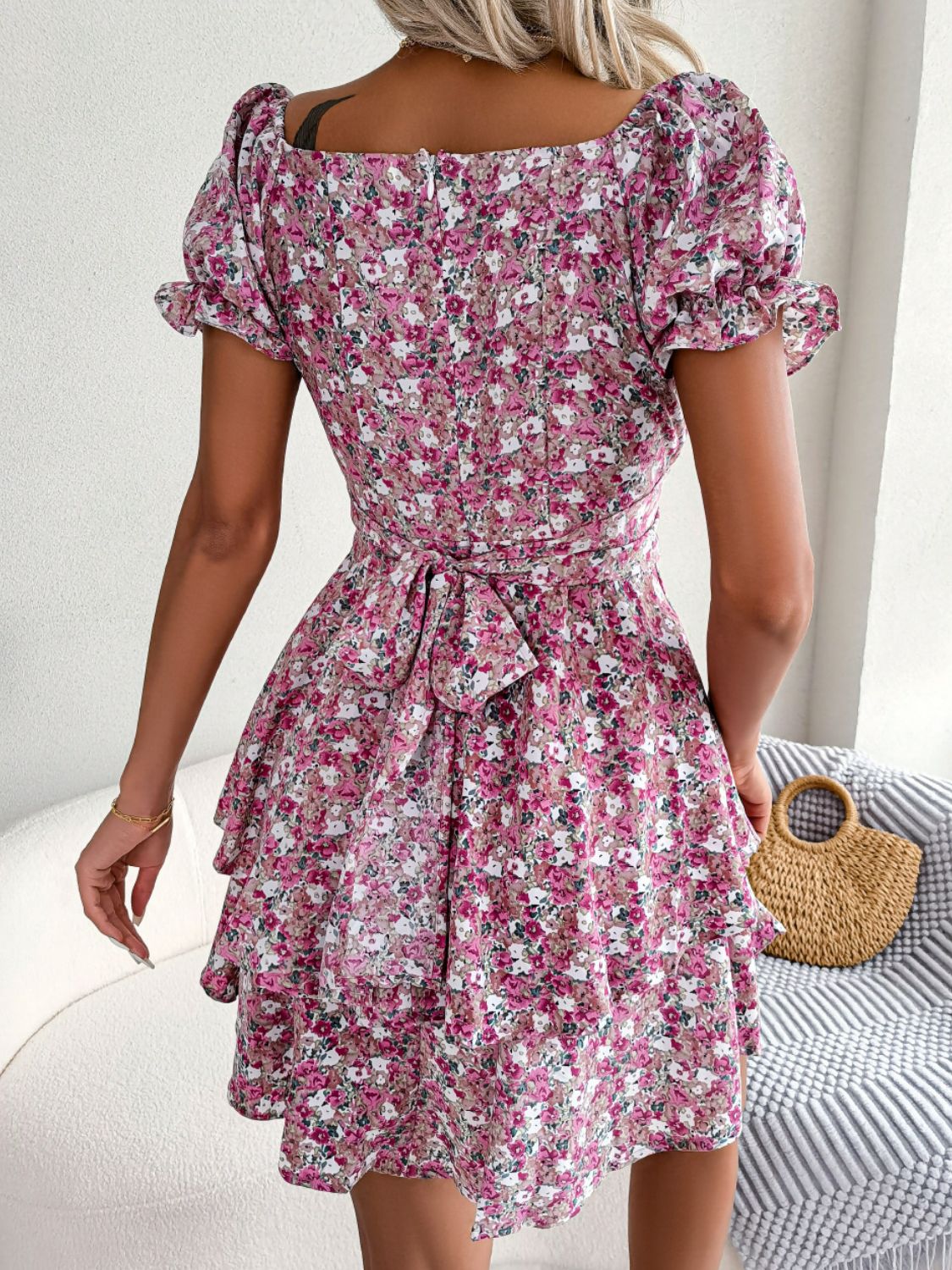 Floral Sweetheart Neck Flounce Sleeve Mini Dress - The Goddess Galleries
