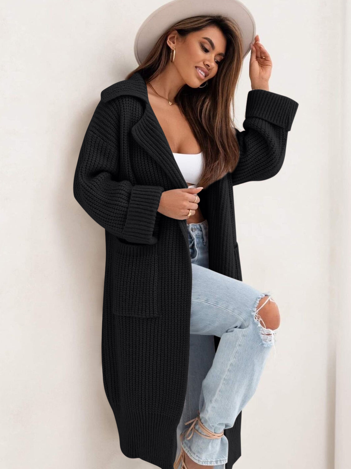 Pocketed Collared Neck Dropped Shoulder Cardigan - The Goddess Galleries