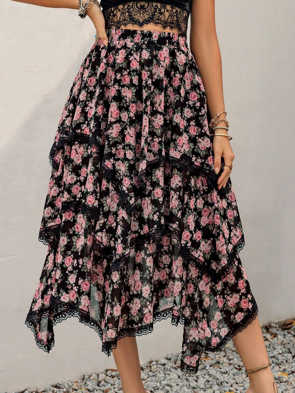 Lace Detail Layered Printed Skirt - The Goddess Galleries