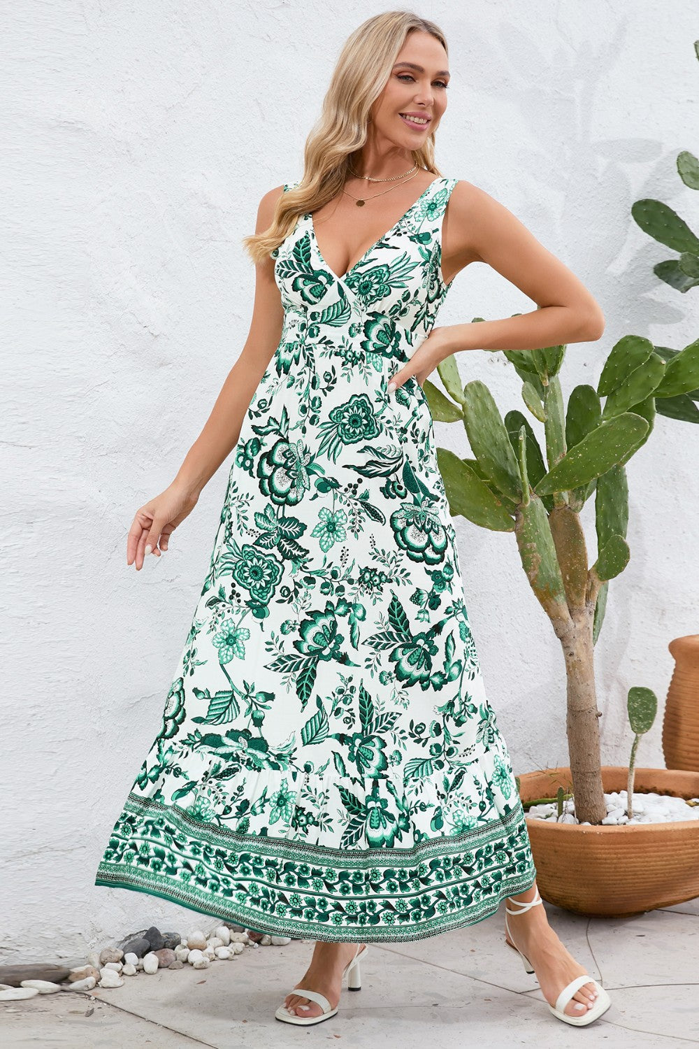Printed V-Neck Wide Strap Dress - The Goddess Galleries