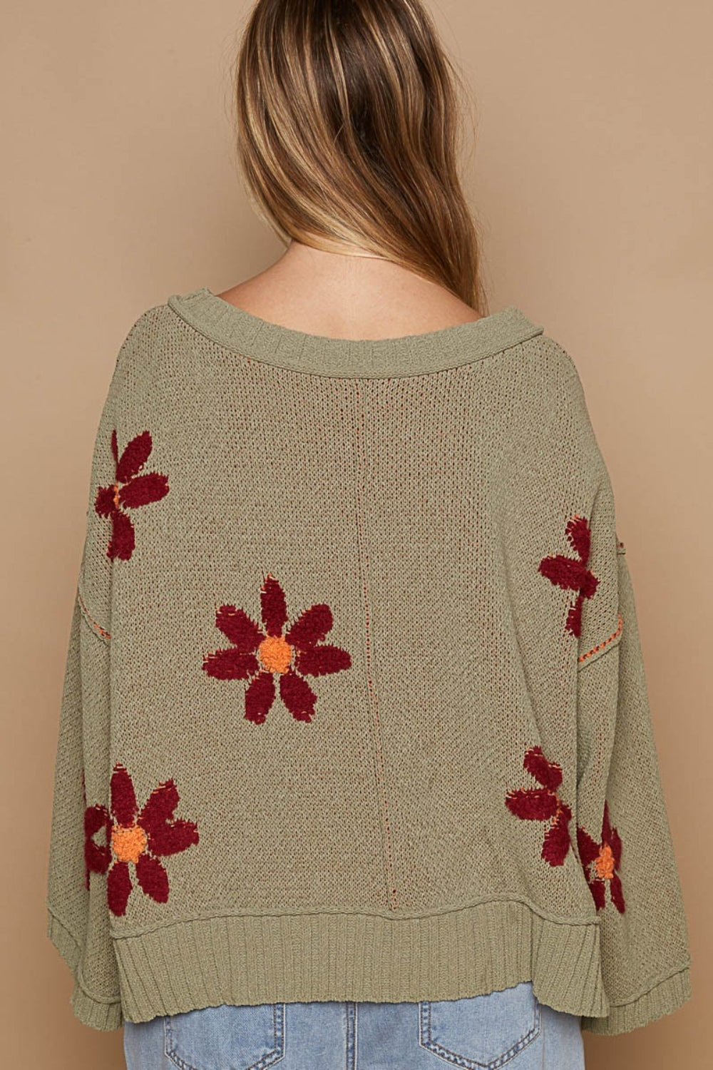 POL V-Neck Floral Pattern Chenille Sweater - The Goddess Galleries