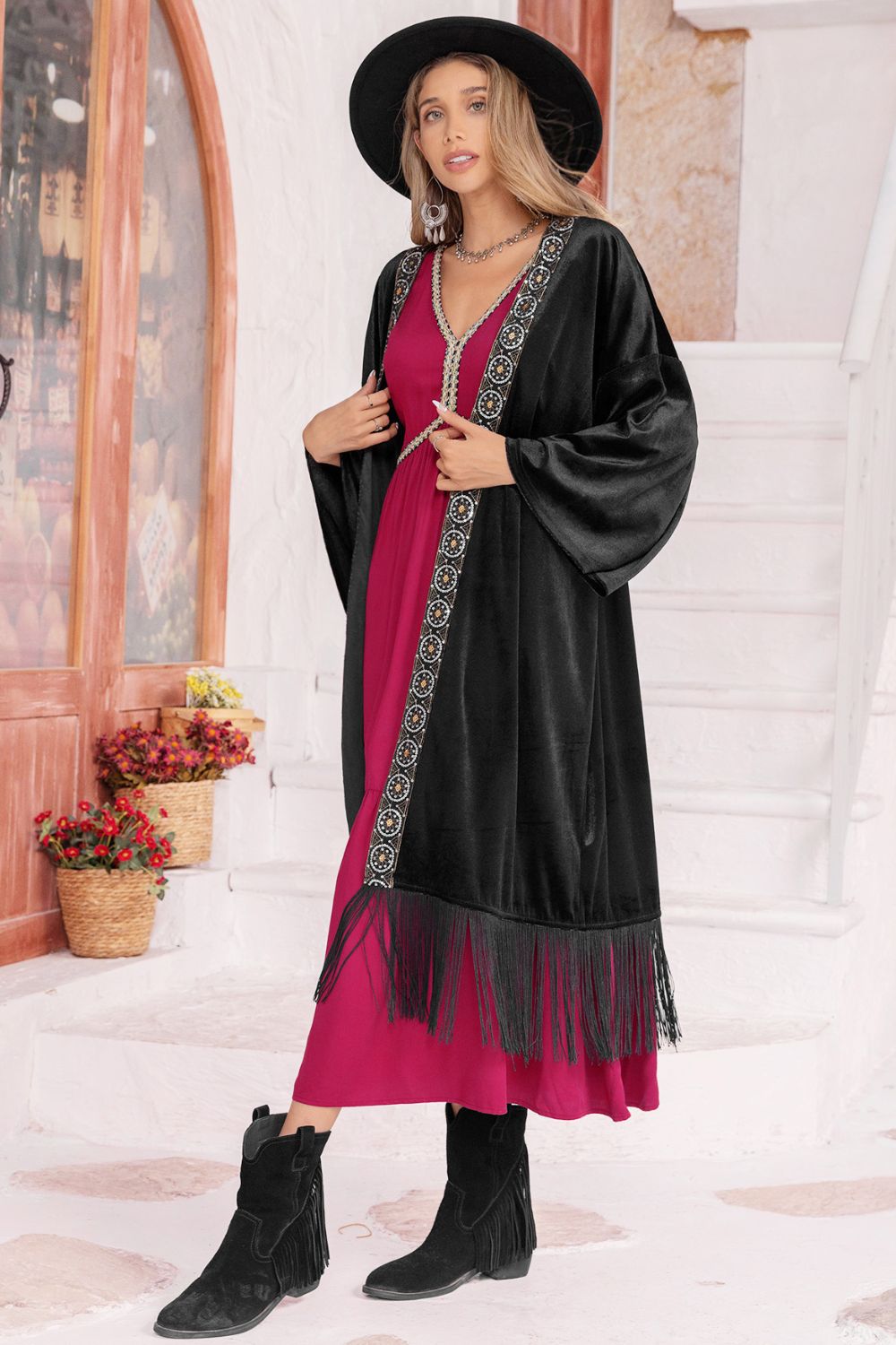 Opne Front Fringe Detail Long Sleeve Cardigan - The Goddess Galleries