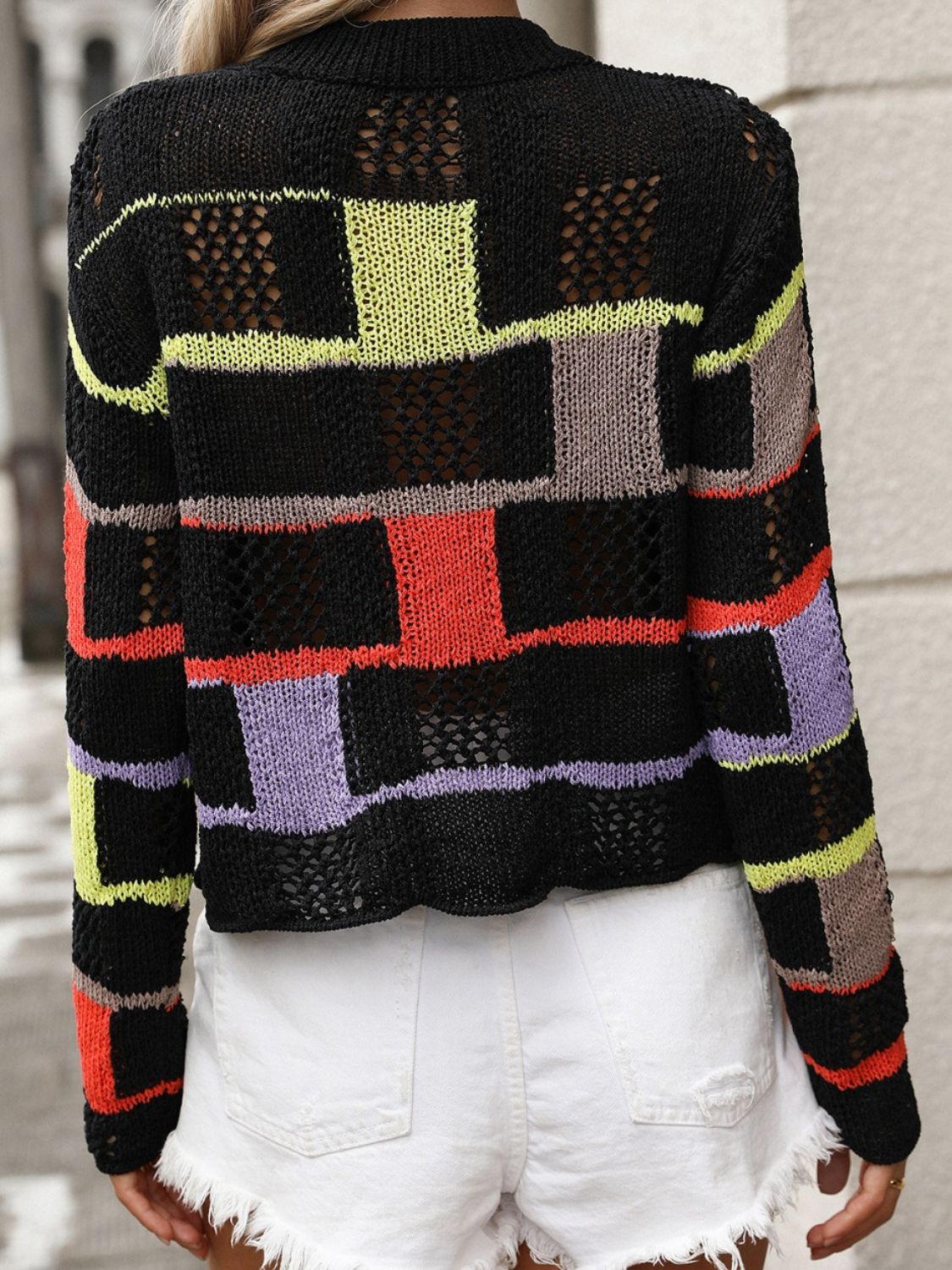 Openwork Color Block Round Neck Sweater - The Goddess Galleries