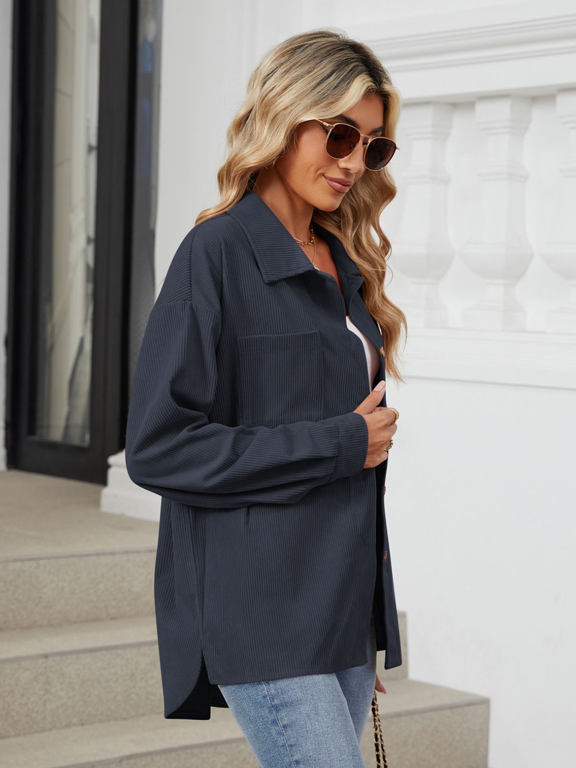 Button Up Long Sleeve Shirt with Breast Pockets - The Goddess Galleries
