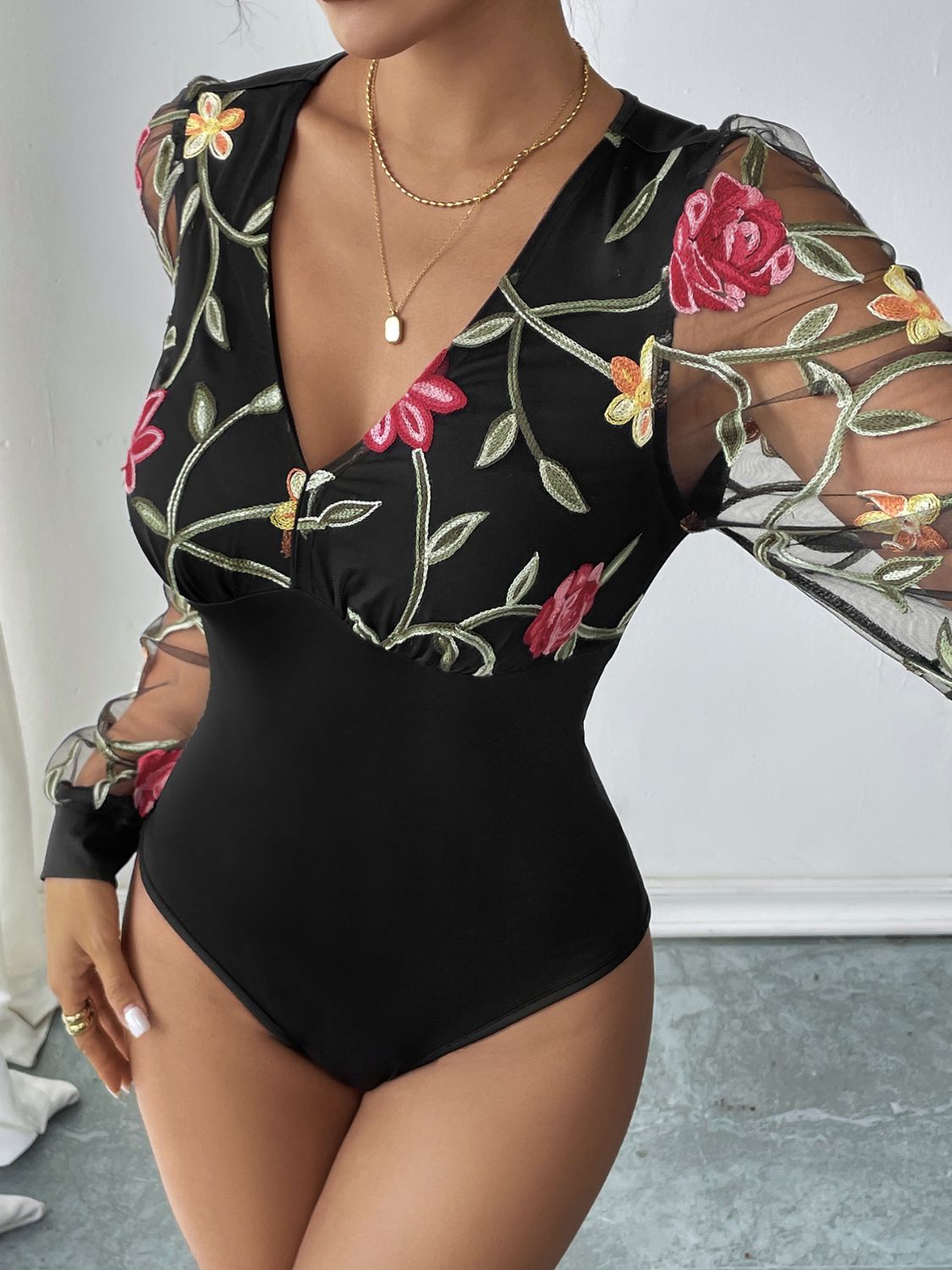 Perfee Embroidered V-Neck Long Sleeve Bodysuit - The Goddess Galleries