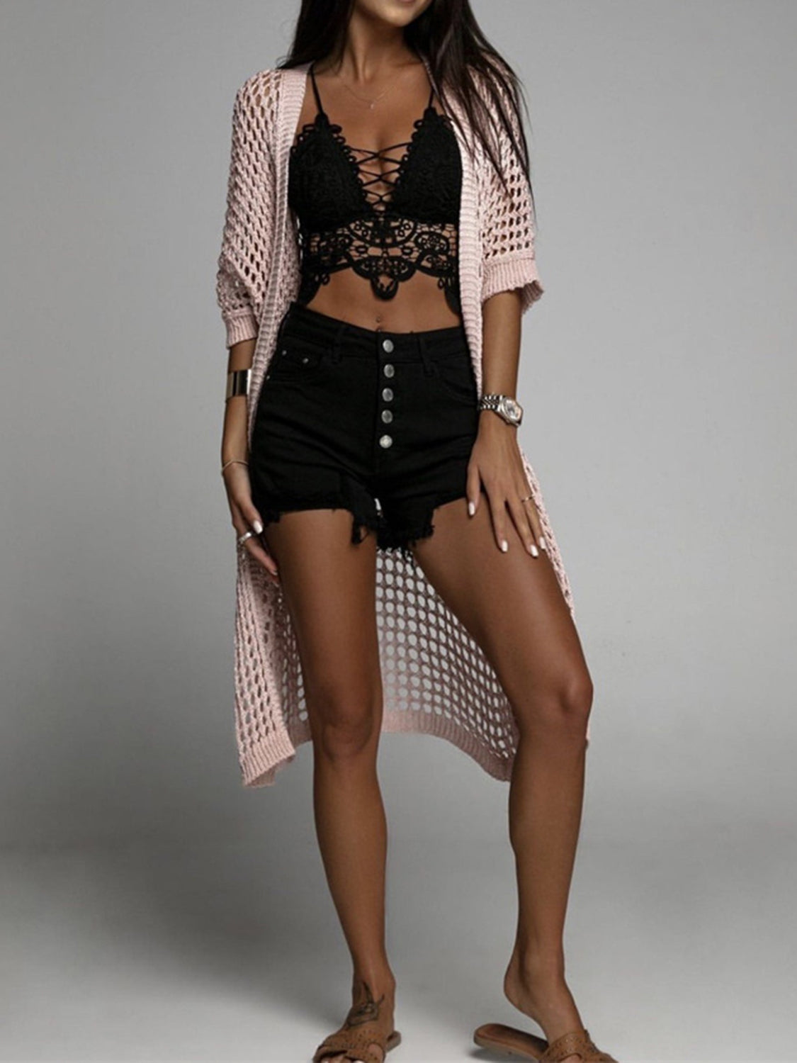 Openwork Open Front Three-Quarter Sleeve Cover Up - The Goddess Galleries