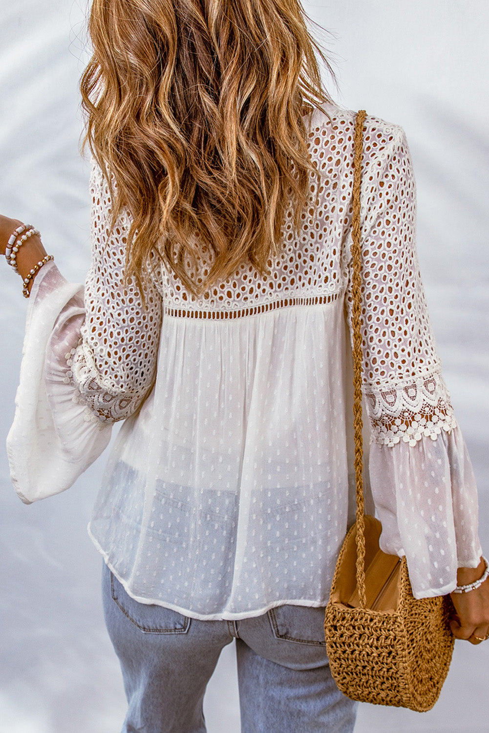 Eyelet Tassel Tie Flare Sleeve Blouse - The Goddess Galleries