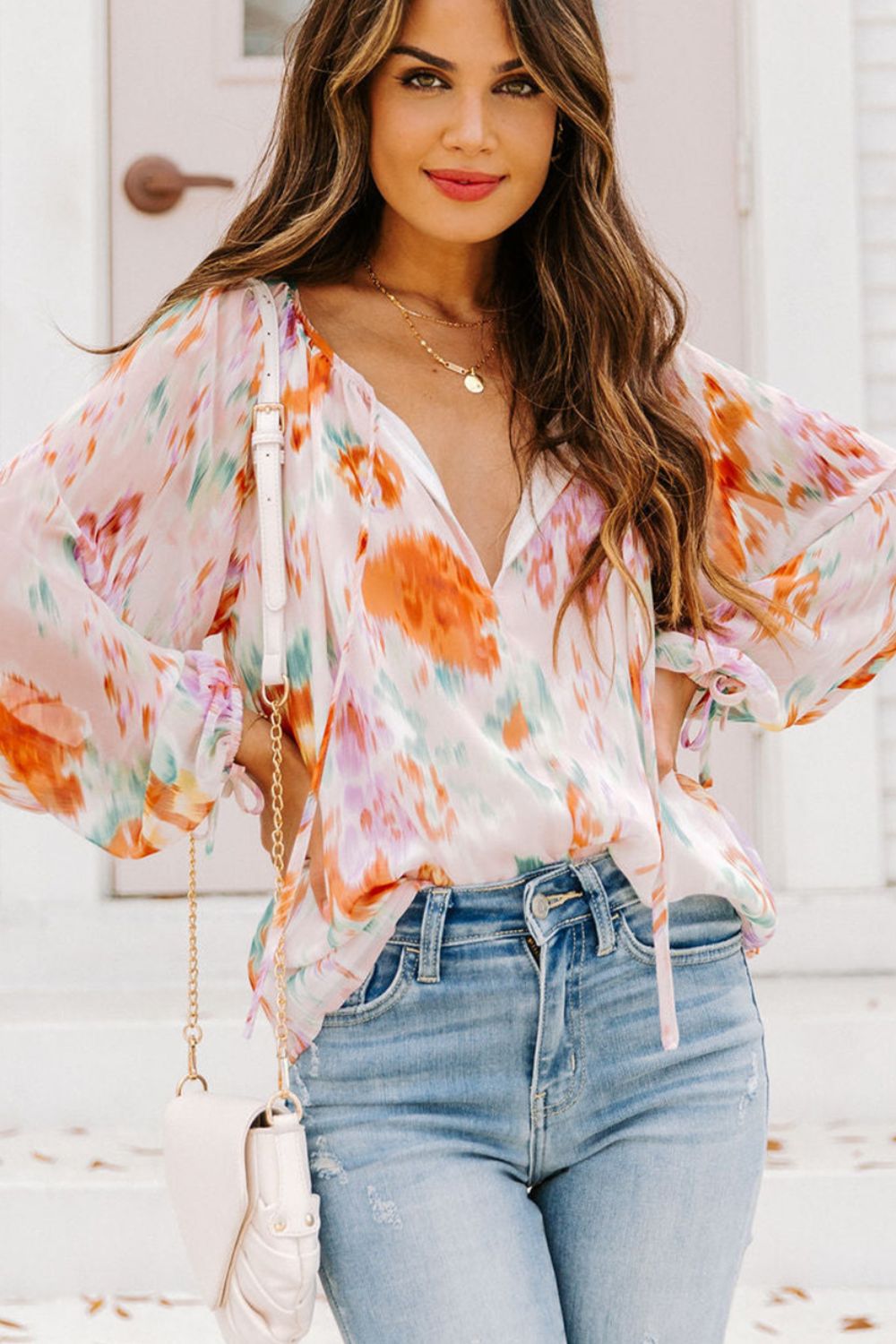 Printed Tie Neck Long Sleeve Blouse - The Goddess Galleries