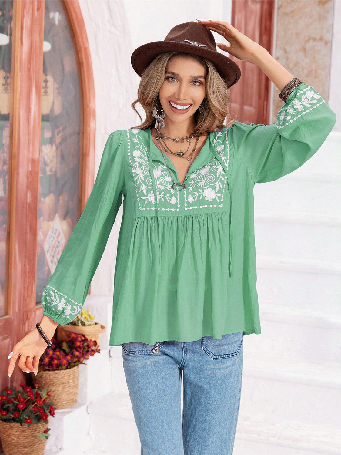 Floral Tie Neck Balloon Sleeve Blouse - The Goddess Galleries