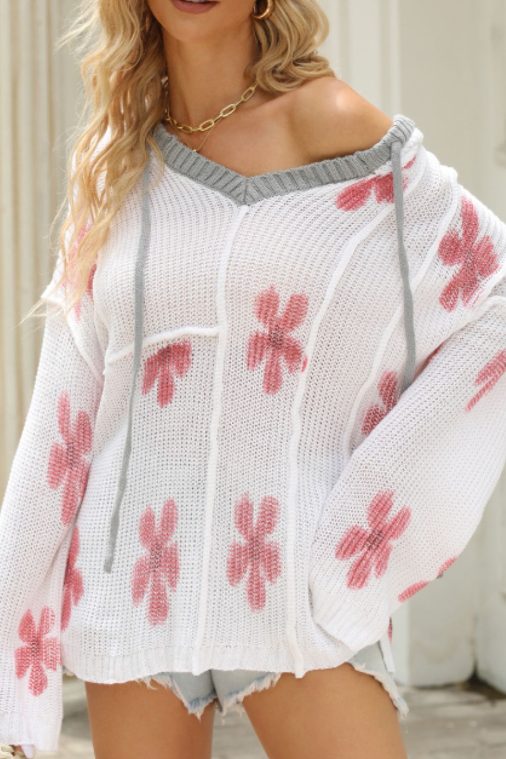 Drawstring Flower Hooded Knit Top - The Goddess Galleries