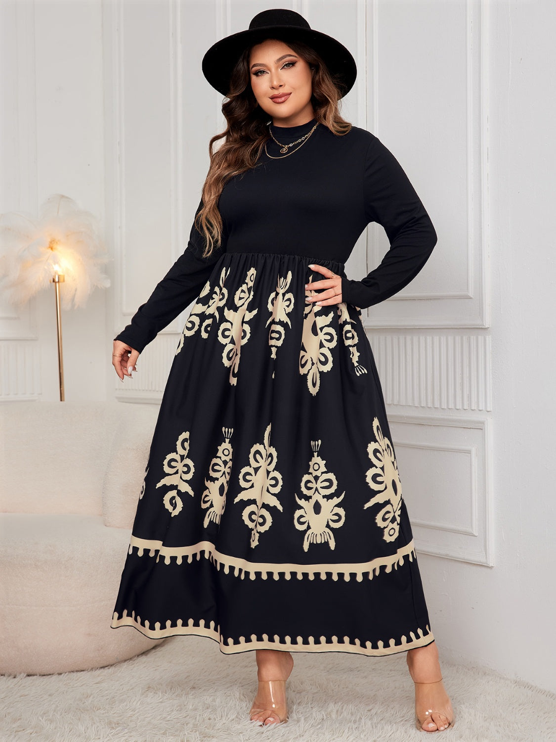 Honey Plus Size Printed Mock Neck Long Sleeve Dress - The Goddess Galleries