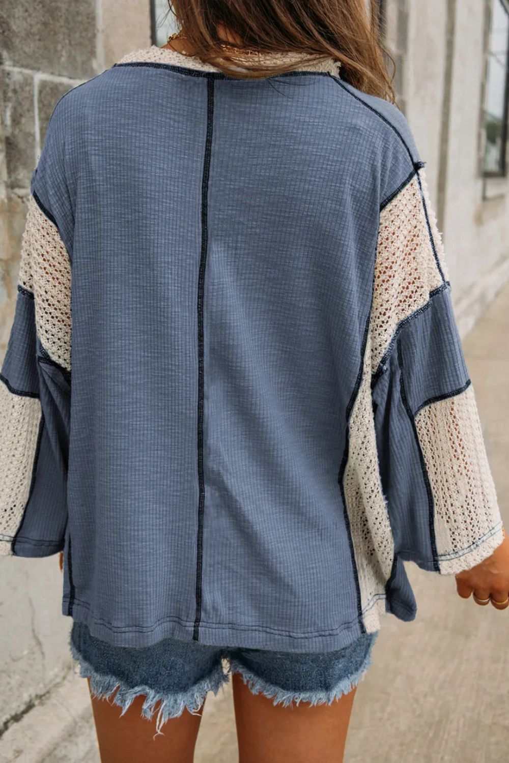 Lace Detail Contrast V-Neck Long Sleeve Blouse - The Goddess Galleries