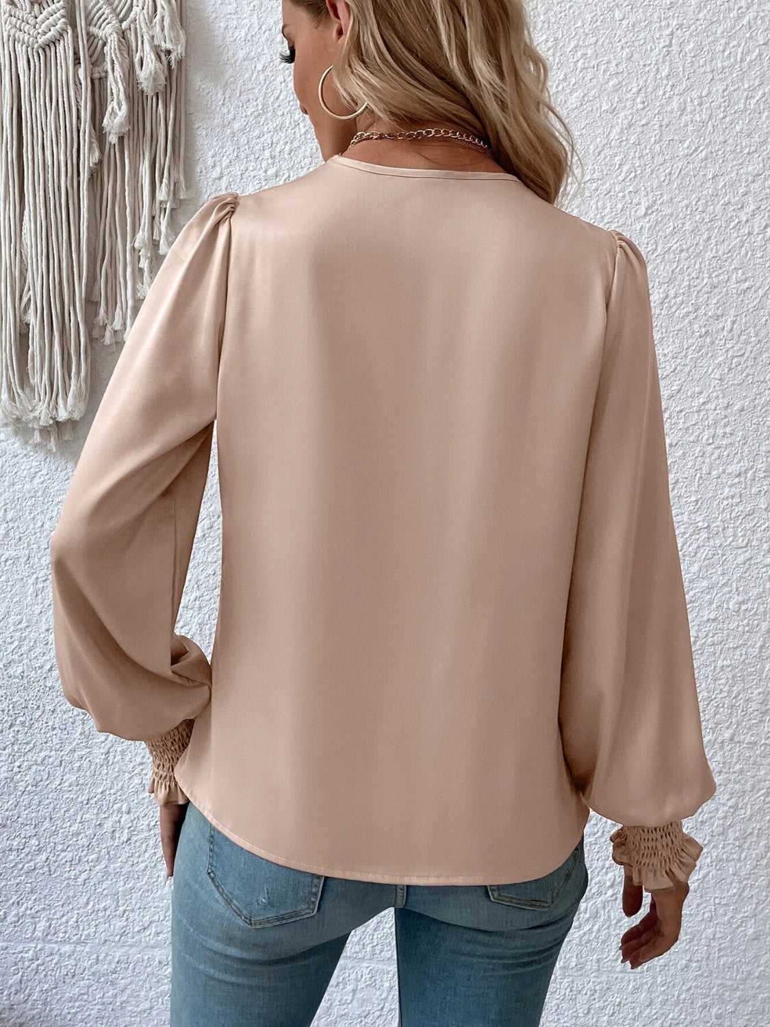 Surplice Smocked Lantern Sleeve Blouse - The Goddess Galleries
