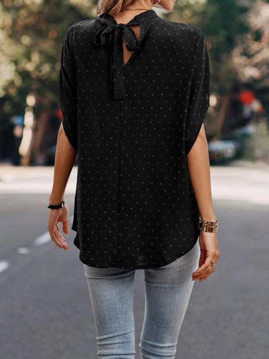 Swiss Dot Mock Neck Half Sleeve Blouse - The Goddess Galleries