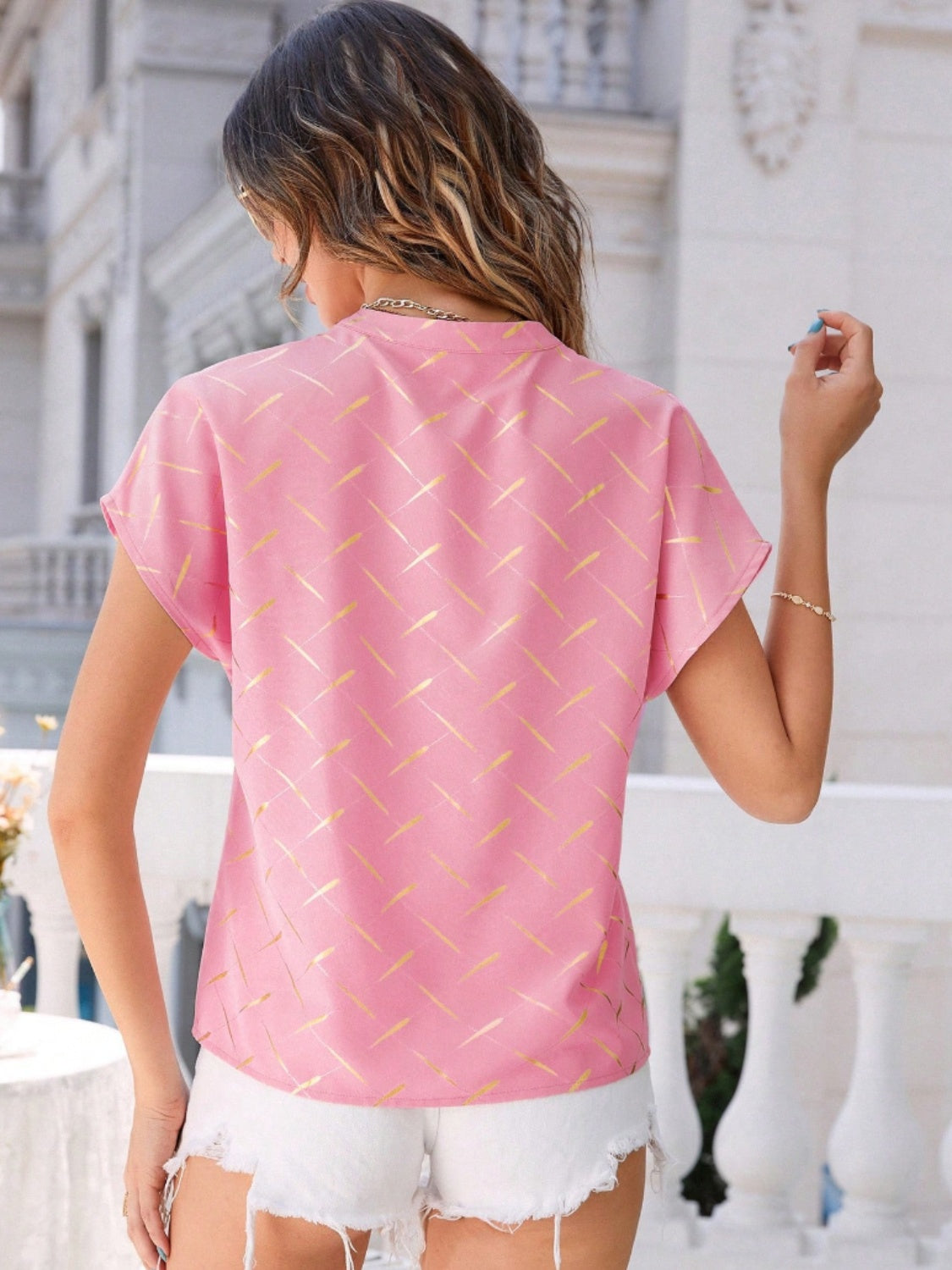 Printed Notched Short Sleeve Blouse - The Goddess Galleries