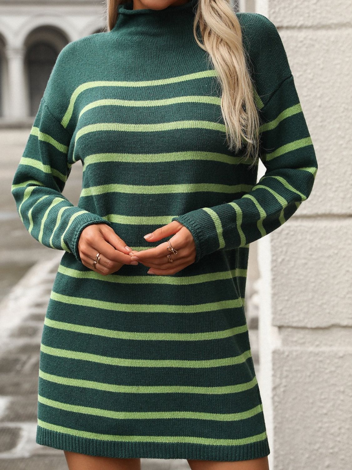 Striped Mock Neck Long Sleeve Mini Dress - The Goddess Galleries