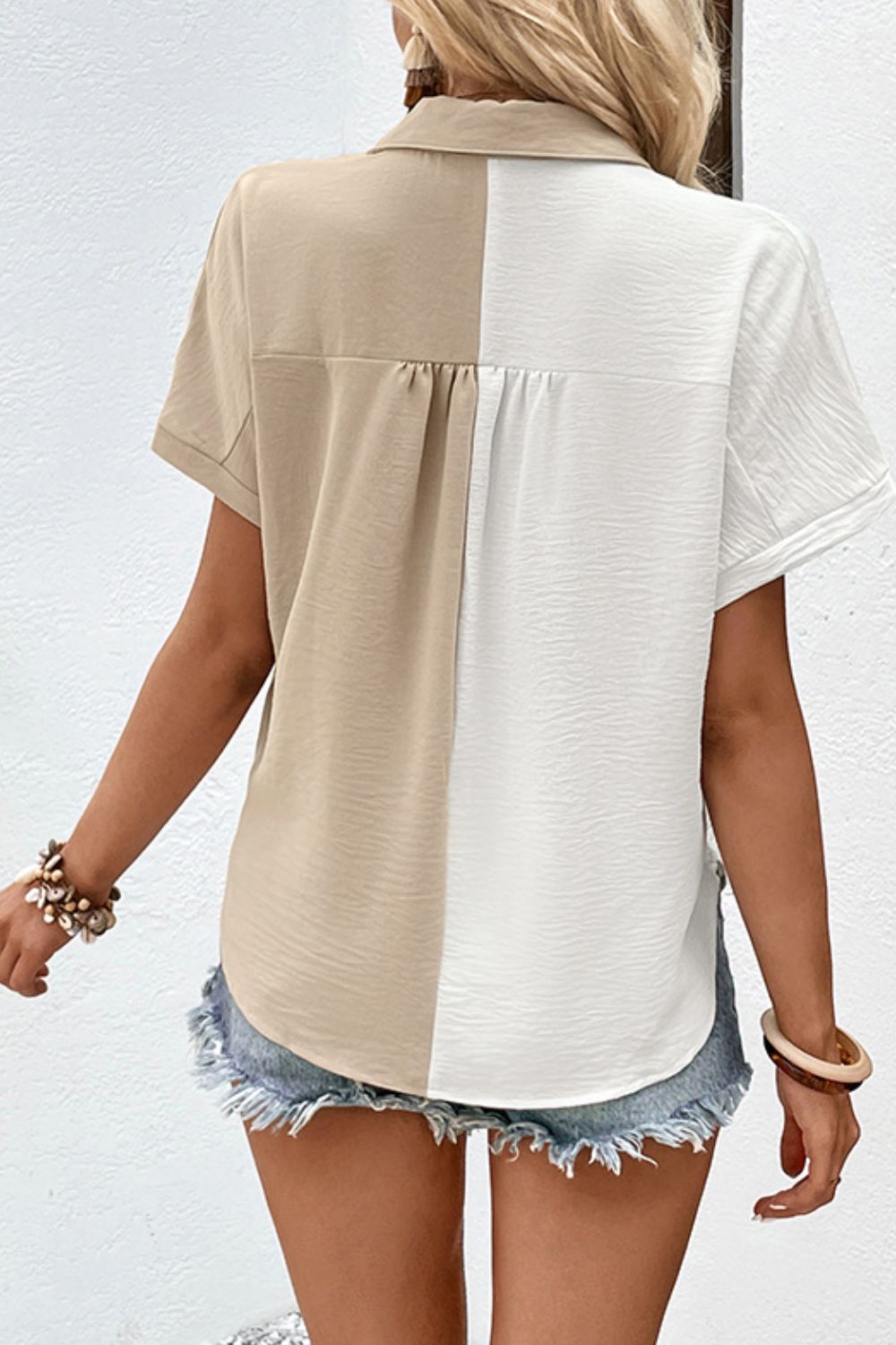 Perfee Two-Tone Contrast Short Sleeve Shirt - The Goddess Galleries