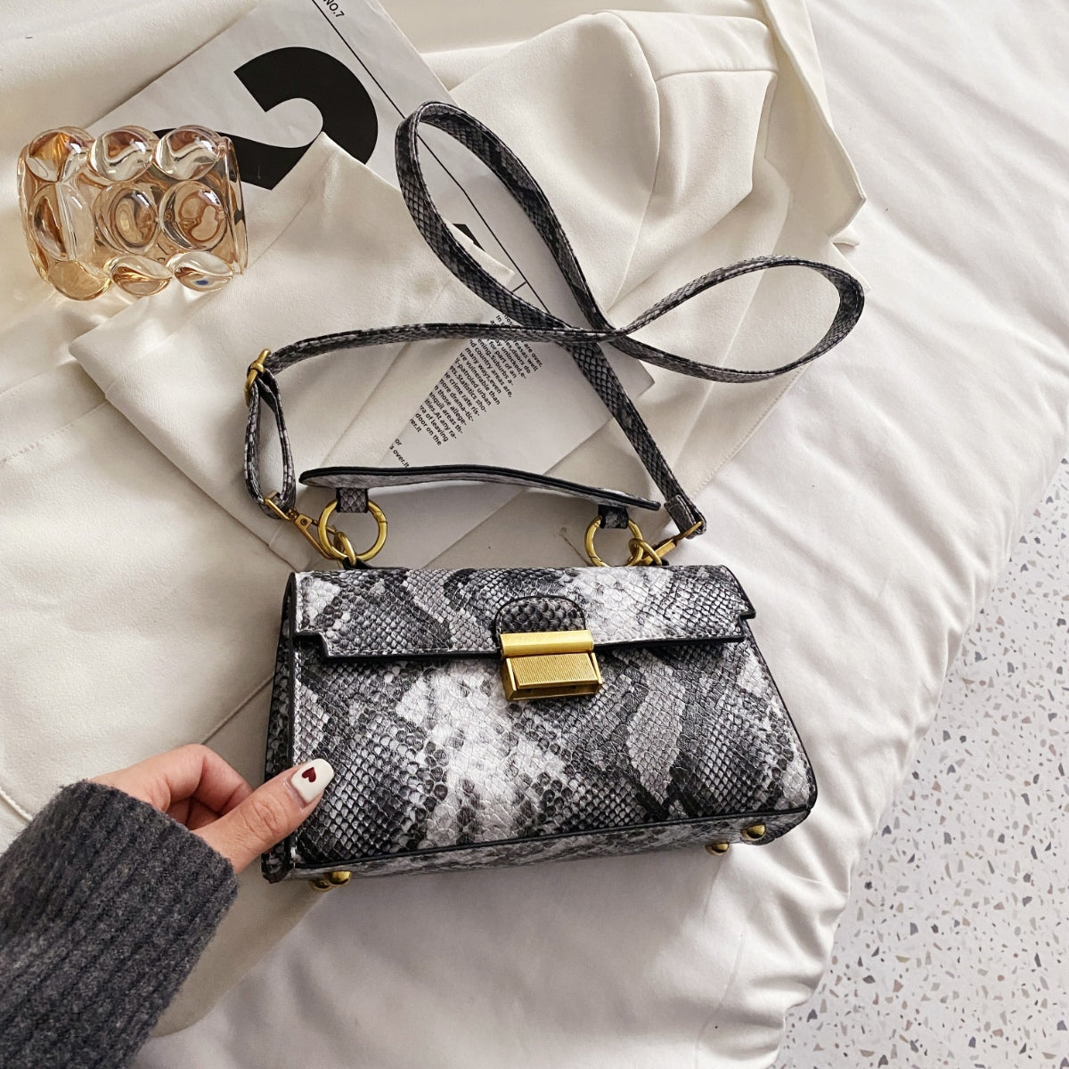 PU Leather Snakeskin Print Crossbody Bag - The Goddess Galleries