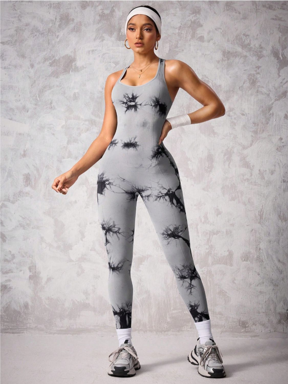 Back Crisscross Tie-Dye Scoop Neck Active Jumpsuit - The Goddess Galleries