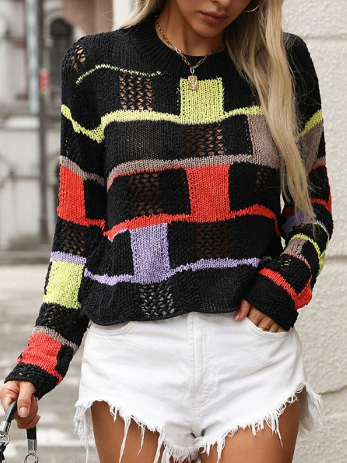 Openwork Color Block Round Neck Sweater - The Goddess Galleries
