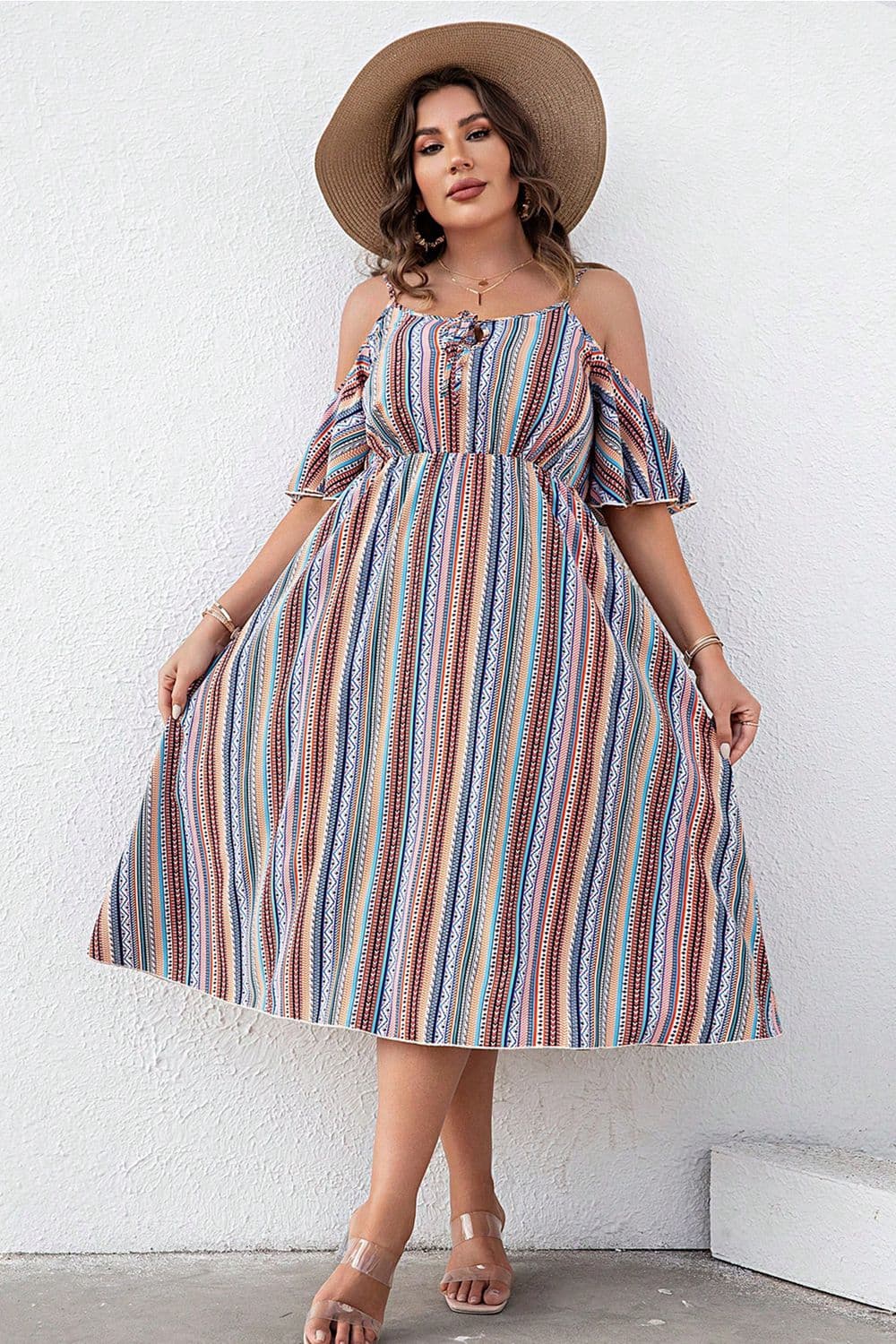 Plus Size Striped Cold-Shoulder Dress - The Goddess Galleries