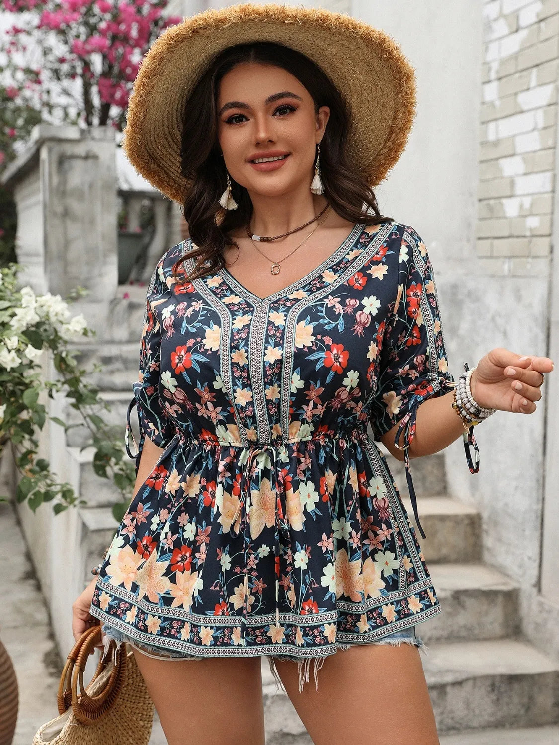 Plus Size Floral V-Neck Half Sleeve Blouse - The Goddess Galleries
