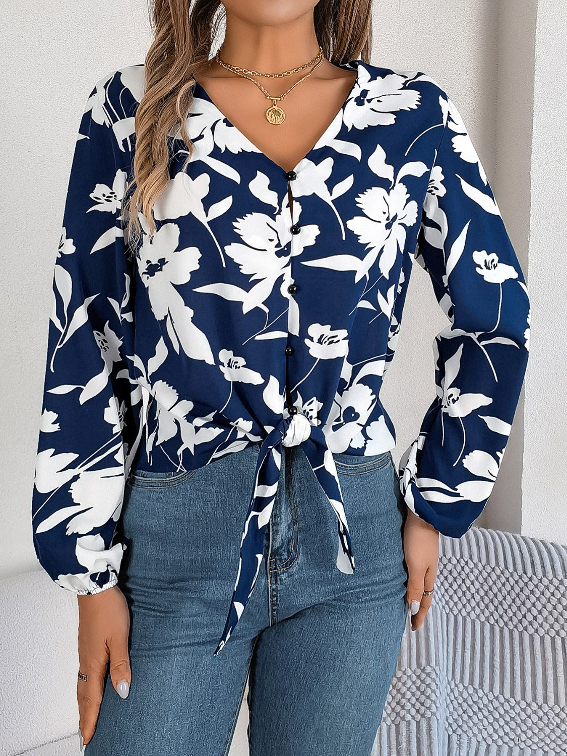 Printed V-Neck Long Sleeve Blouse - The Goddess Galleries