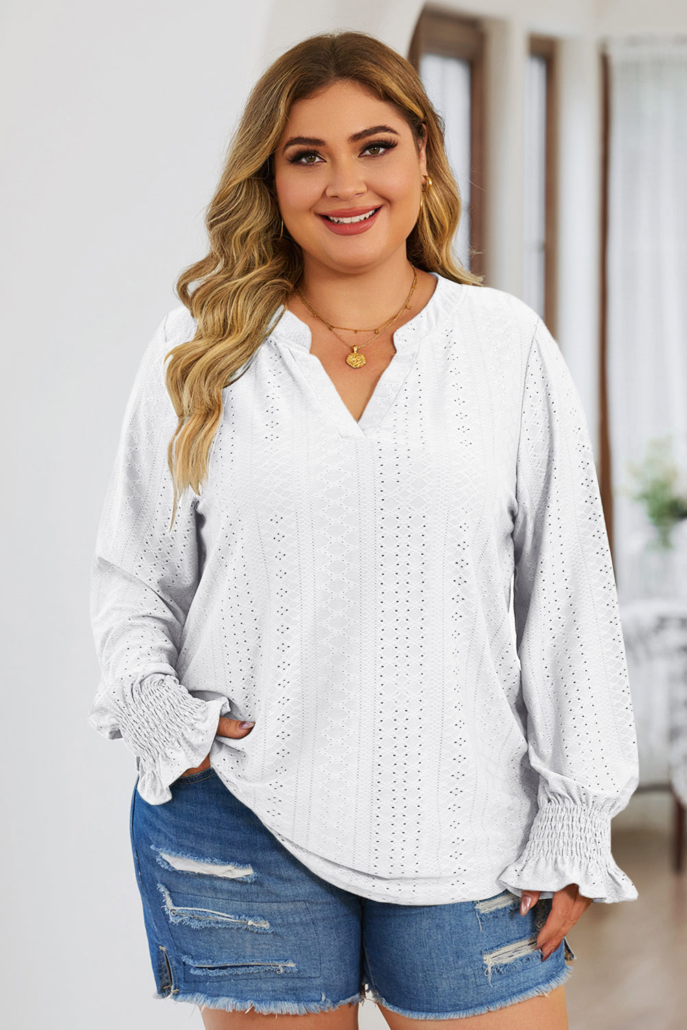 Plus Size Eyelet Notched Flounce Sleeve Blouse - The Goddess Galleries