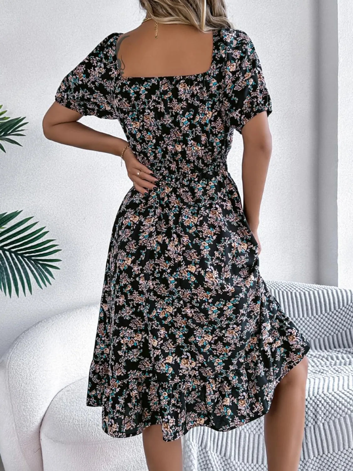 Ruffled Hem Floral Puff Sleeve Dress - The Goddess Galleries