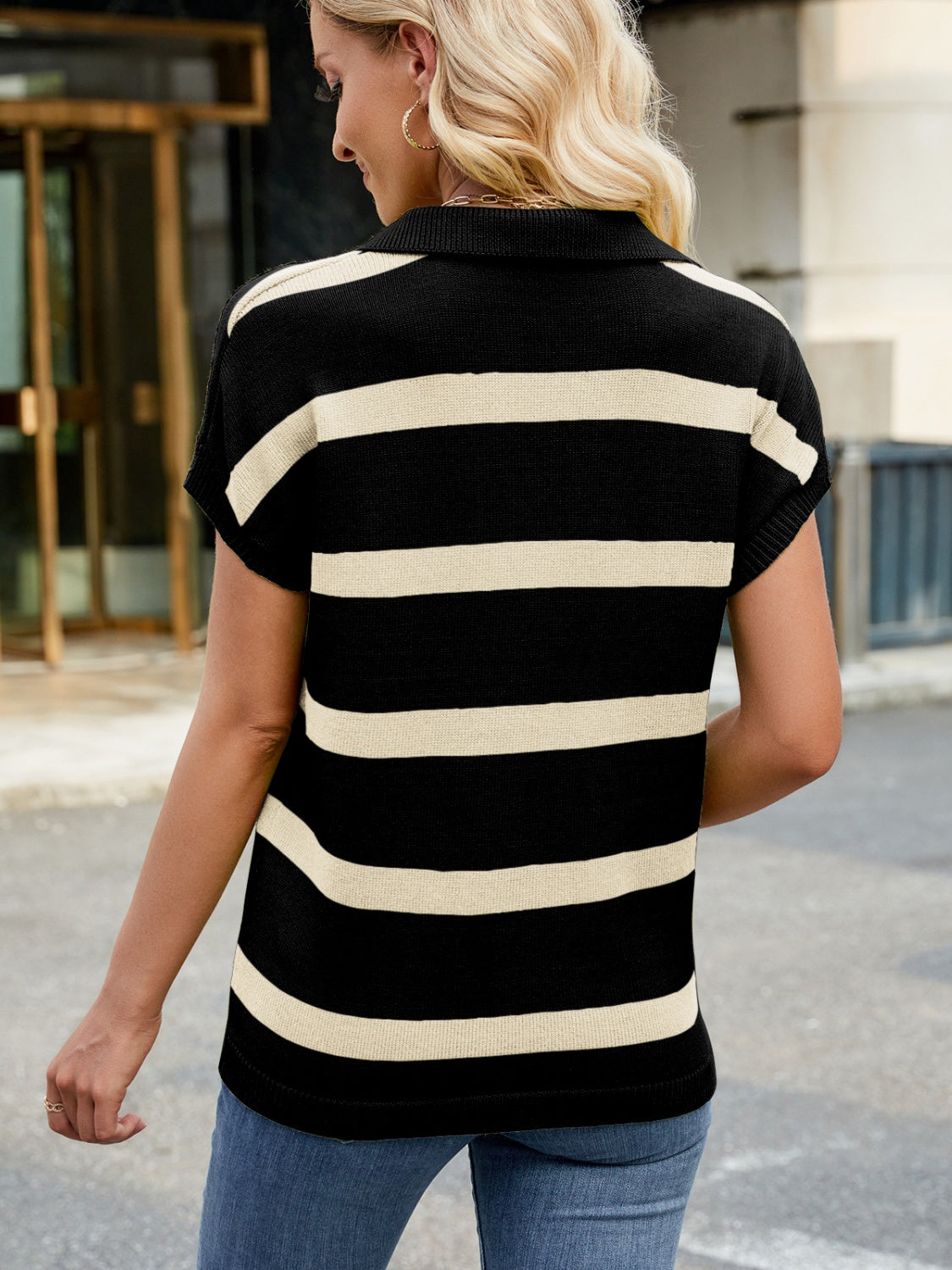 Striped Johnny Collar Cap Sleeve Sweater - The Goddess Galleries