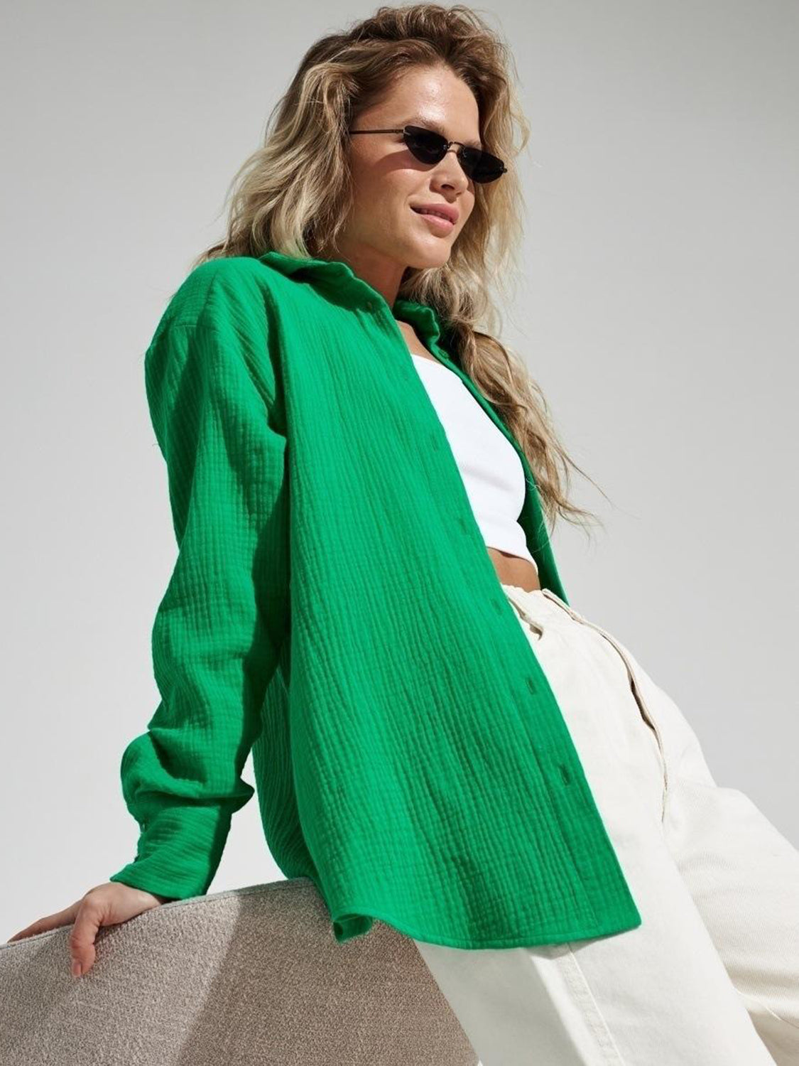 Textured Collared Neck Long Sleeve Shirt - The Goddess Galleries