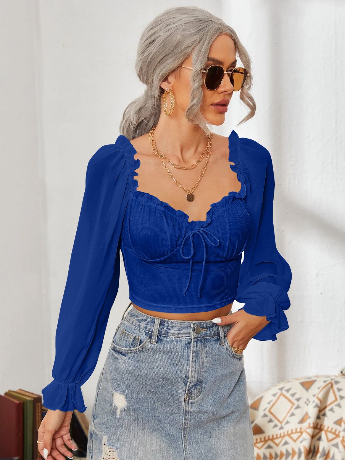 Mesh Sweetheart Neck Flounce Sleeve Top - The Goddess Galleries