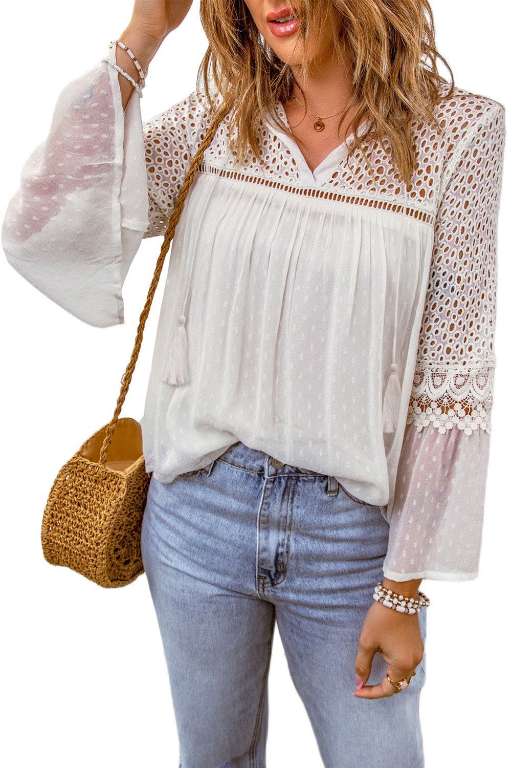 Eyelet Tassel Tie Flare Sleeve Blouse - The Goddess Galleries