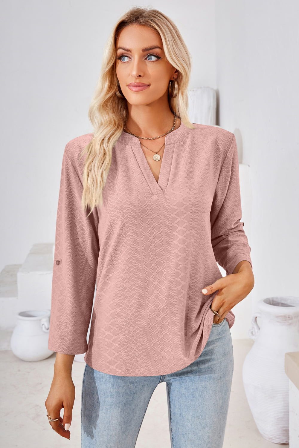 V-Neck Roll-Tap Sleeve Blouse - The Goddess Galleries