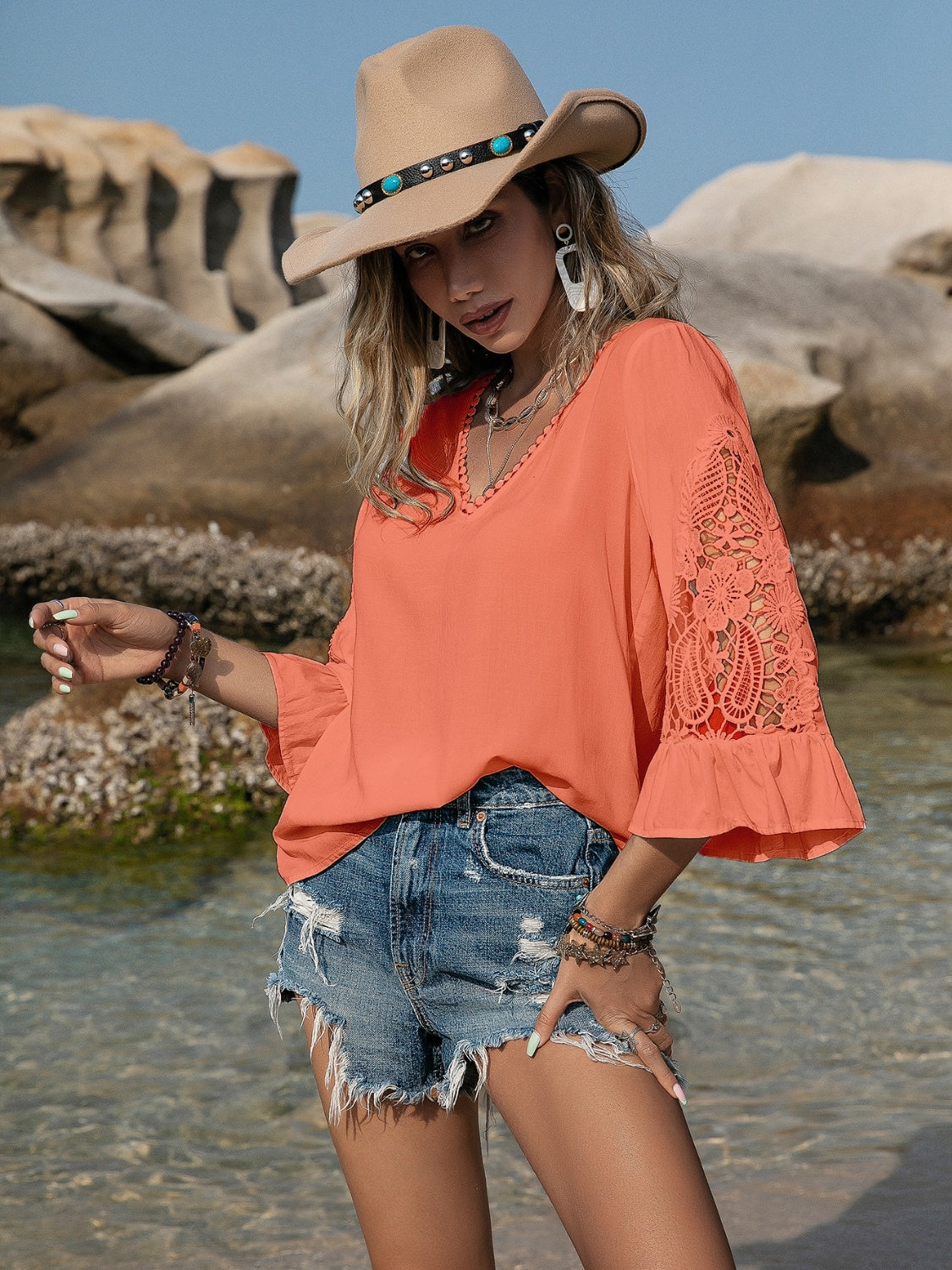 Lace Detail V-Neck Blouse - The Goddess Galleries