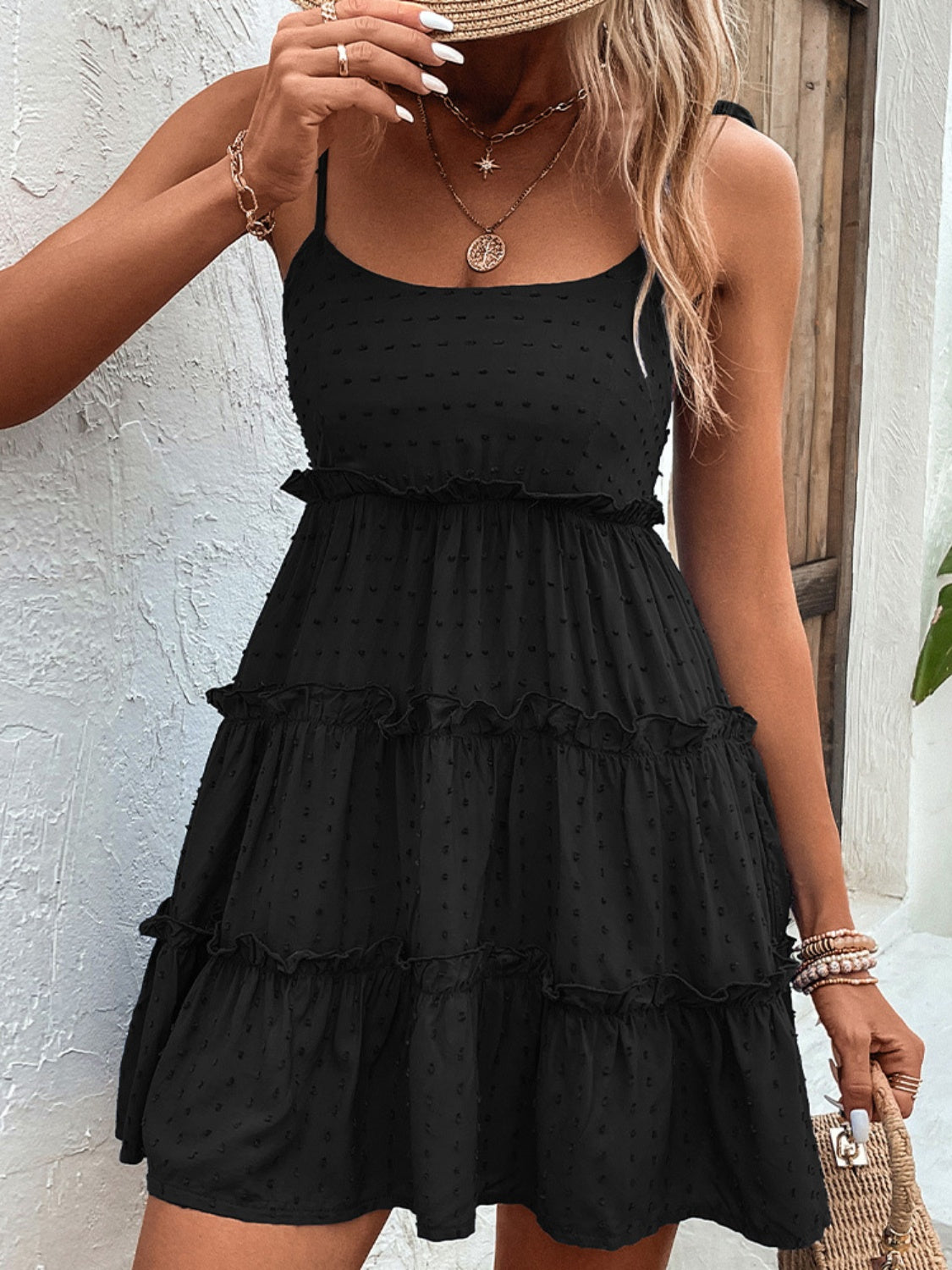 Shiny Frill Spaghetti Strap Tiered Dress - The Goddess Galleries