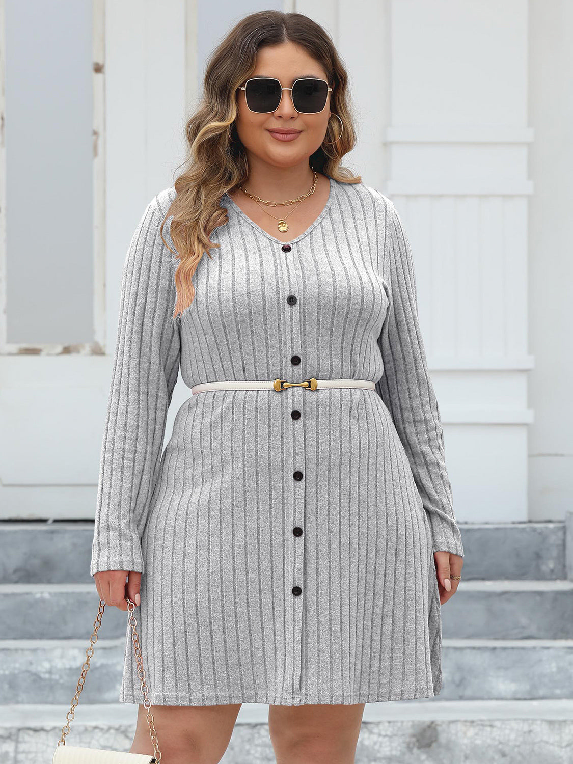 Plus Size Ribbed Buttoned V-Neck Long Sleeve Dress - The Goddess Galleries