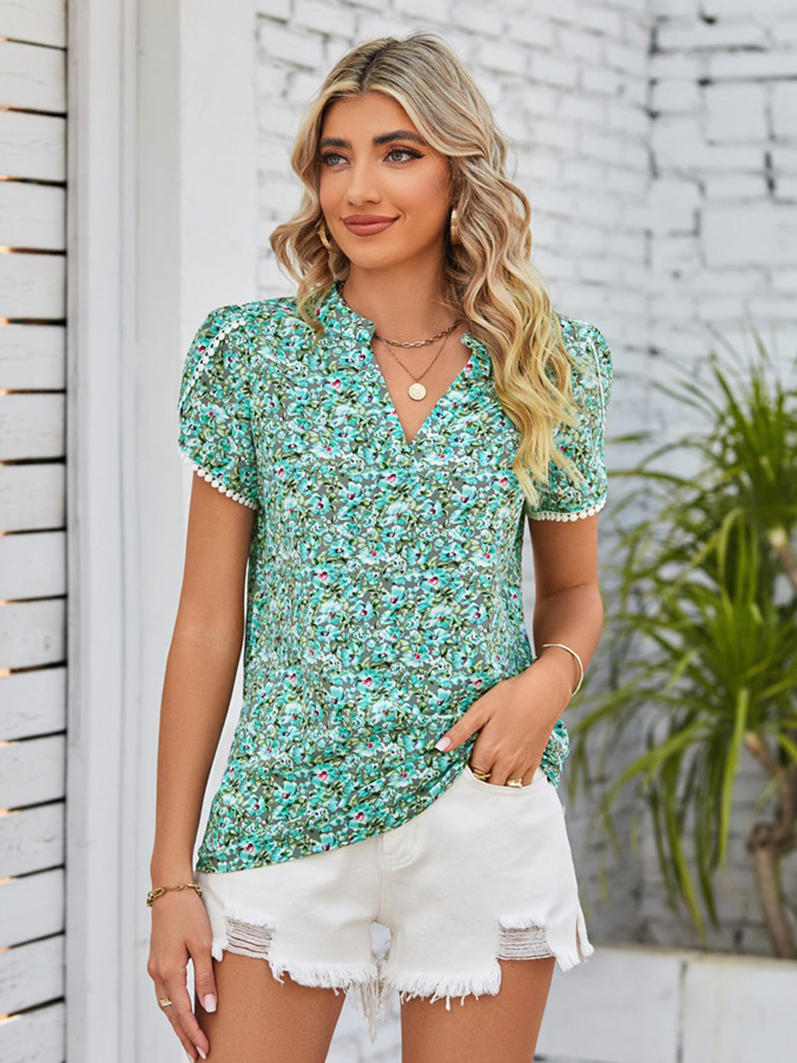 Mandy Floral Notched Neck Blouse - The Goddess Galleries