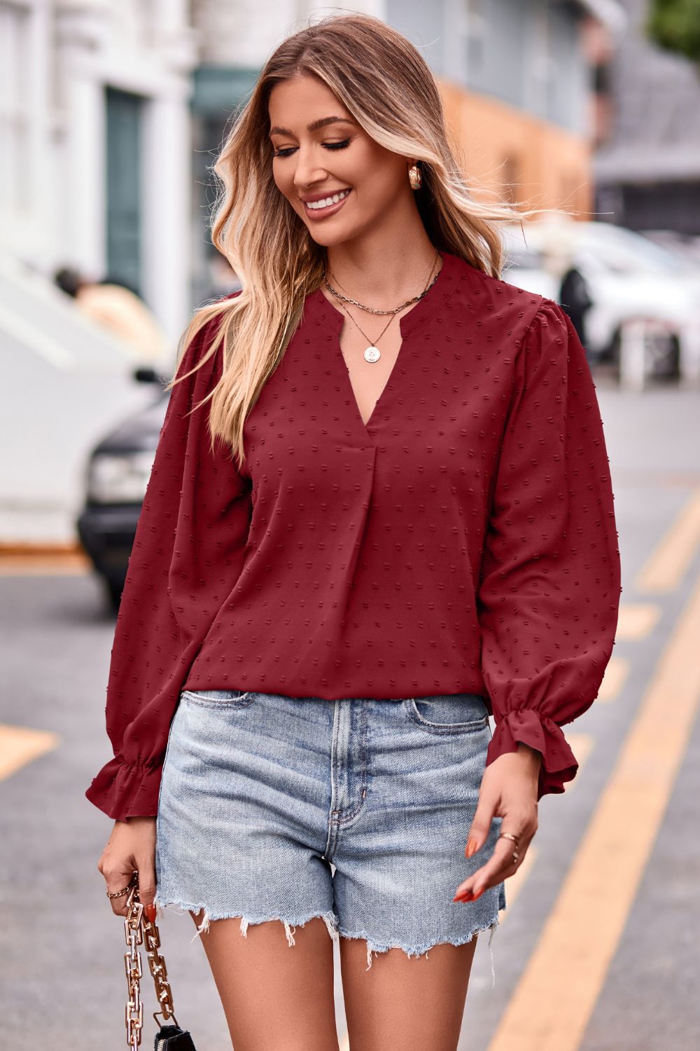 Swiss Dot Notched Neck Flounce Sleeve Blouse - The Goddess Galleries