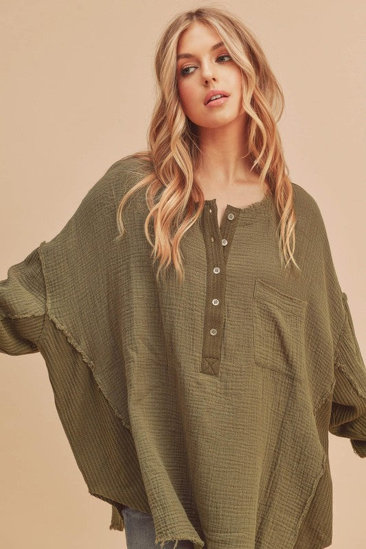 Aemi + Co Exposed Seam Raw Hem Half Button Top - The Goddess Galleries