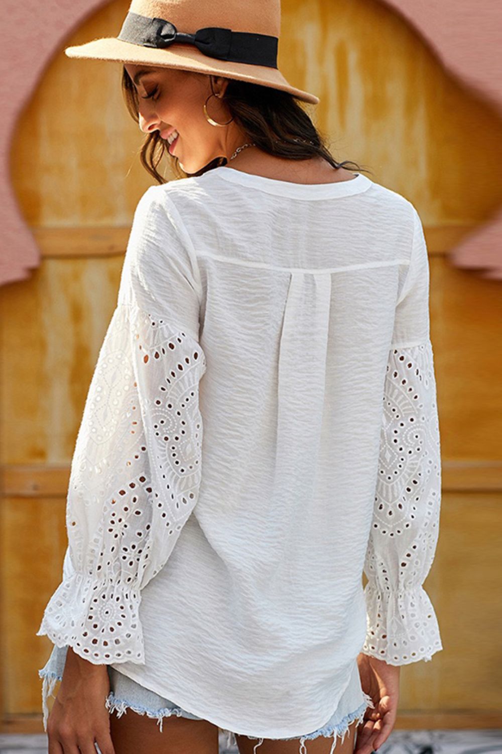 Shiny Crochet Flounce Sleeve Button Up Blouse - The Goddess Galleries