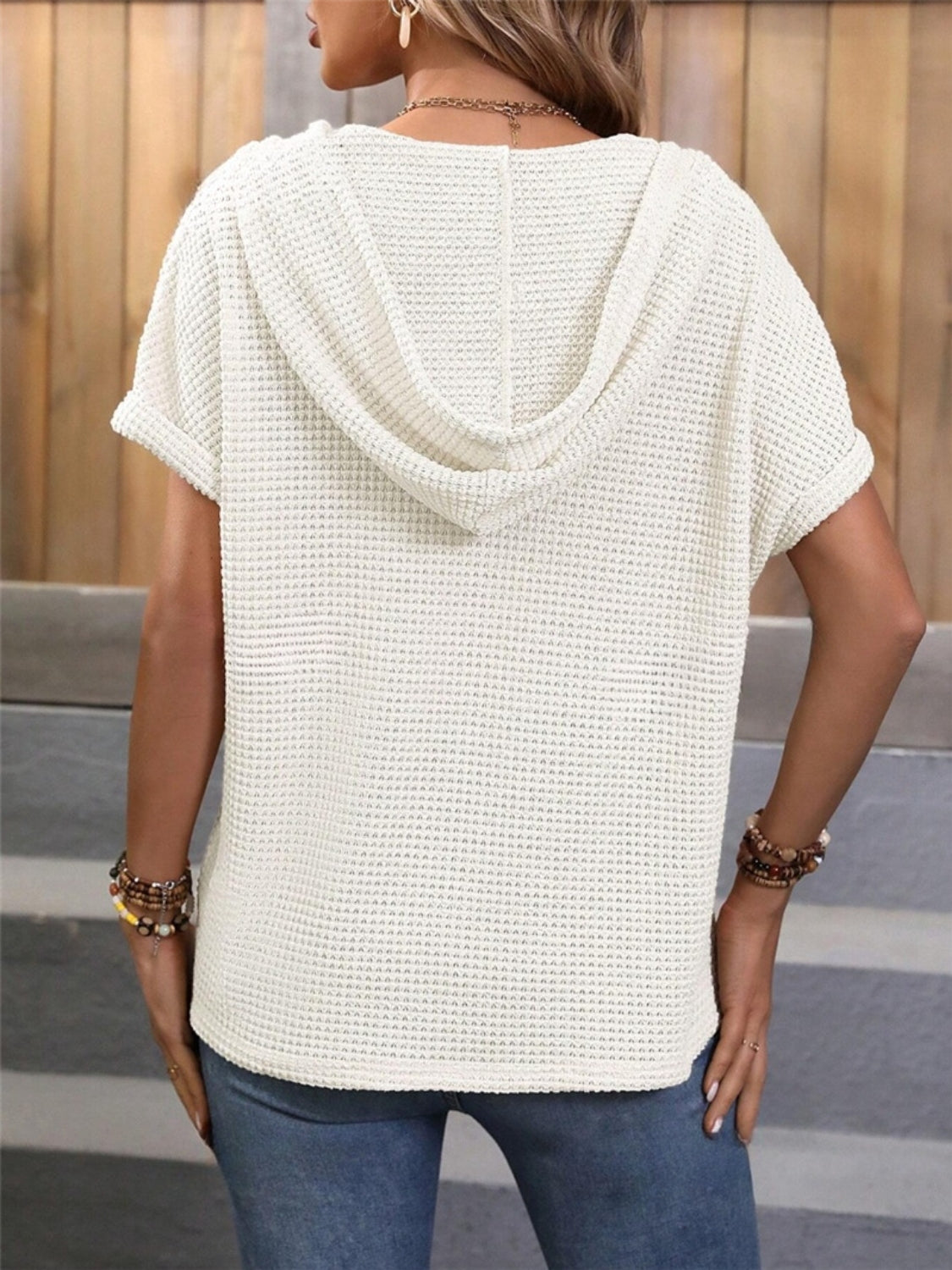 Waffle-Knit Hooded Short Sleeve Top - The Goddess Galleries