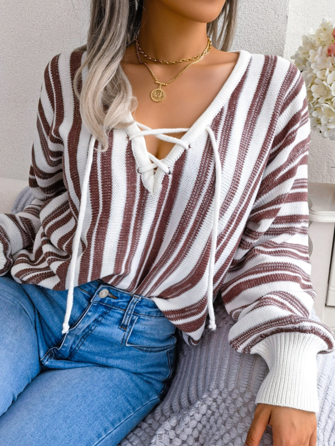 Striped Lace-Up Long Sleeve Sweater - The Goddess Galleries